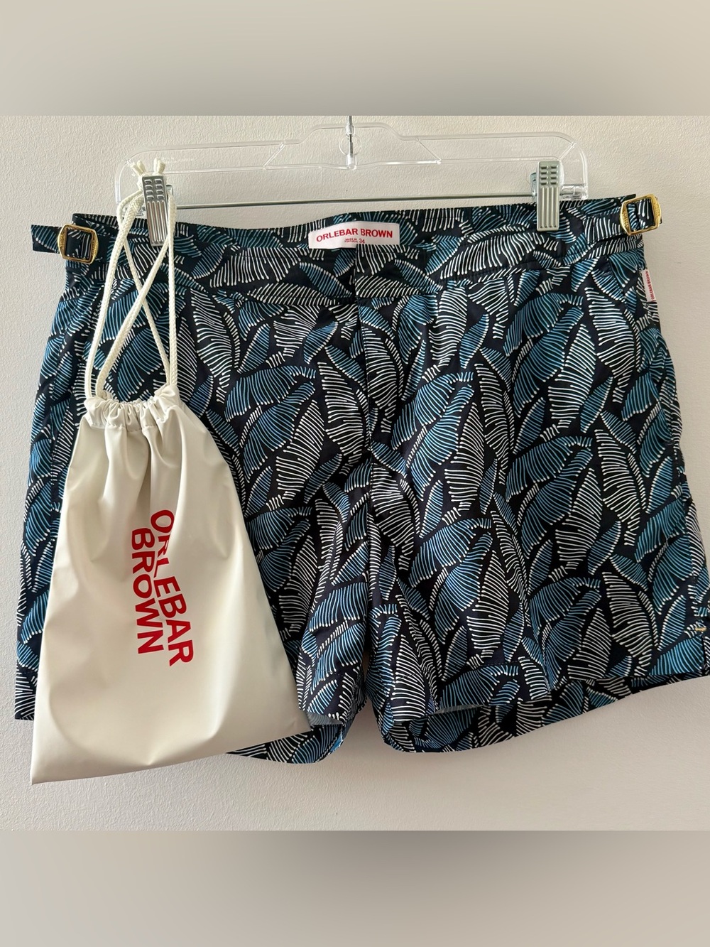Orlebar Brown - Navy Leaf Print Swim Shorts, size 34- with Branded Dust Bag